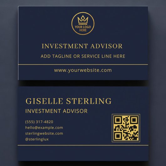 Carte De Visite Investment Advisor Blue Gold Logo QR Code