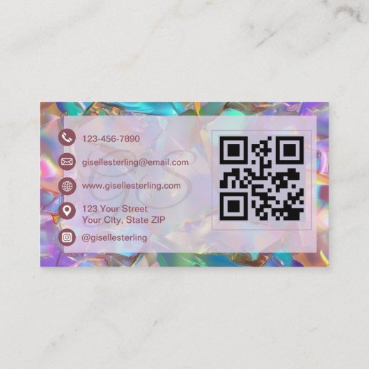 Carte De Visite Iridescente Opal Stone QR Code élégant Moderne (Dos)