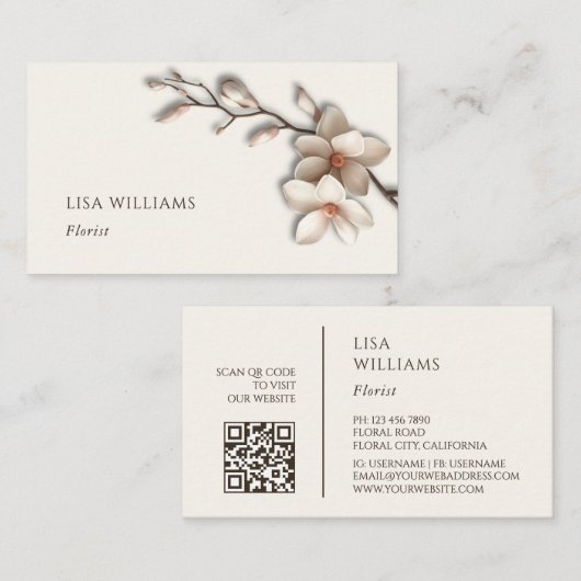 Carte De Visite Ivory 3D Magnolia Rustique | Code QR (Devant / Derrière)