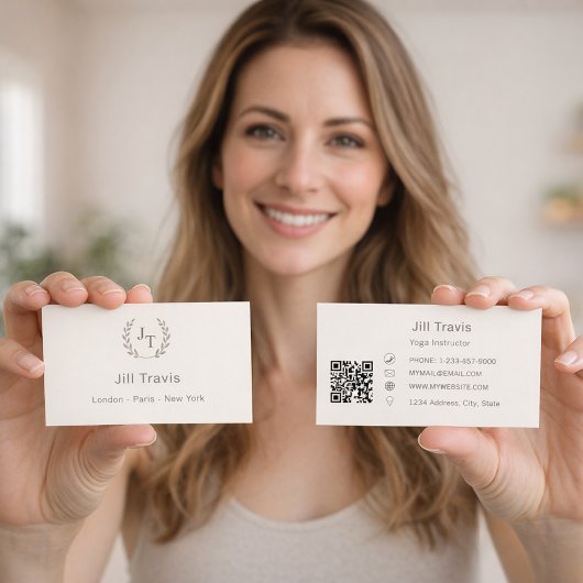 Carte De Visite Ivory taupe monogram wreath modern minimalst QR