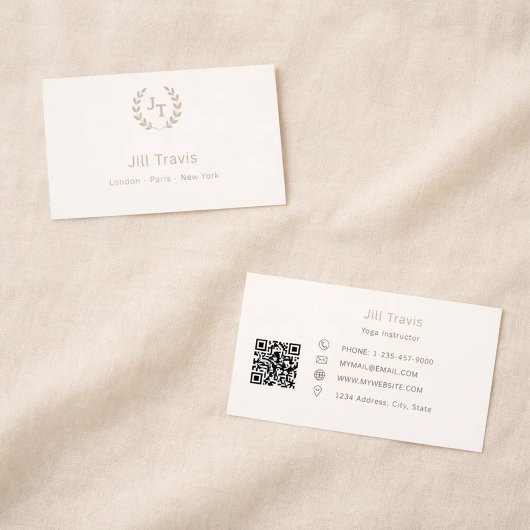 Carte De Visite Ivory taupe monogram wreath modern minimalst QR