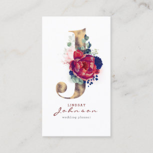 Carte De Visite J Monogram Burgundy Gold et Navy Blue Floral