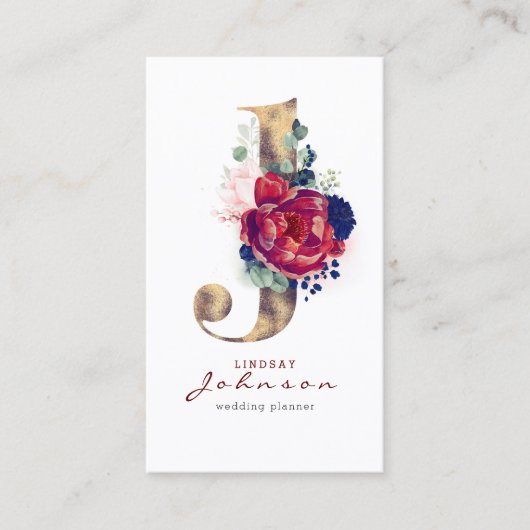 Carte De Visite J Monogram Burgundy Gold et Navy Blue Floral (Devant)