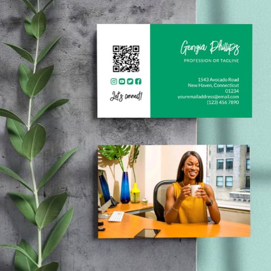 Carte De Visite Jade Green QR Code Photo Social Media Icons