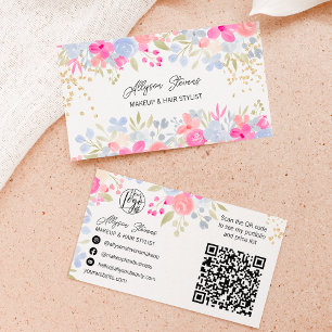 Carte De Visite Jardin rose Floral or maquillage cheveux logo qr c