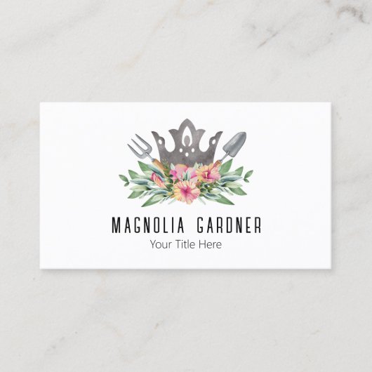 Carte De Visite Jardinage Couronne Boho Chic Aquarelle Outils Fleu (Devant)