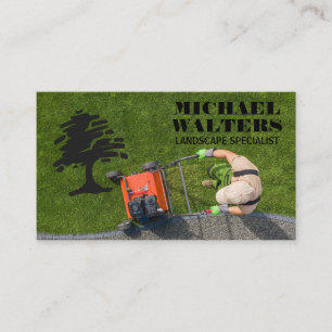 Carte De Visite Jardinier tondant la pelouse Logo d'arbre