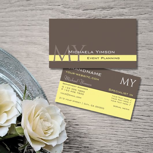 Carte De Visite Jaune Brown foncé avec Initiales Professionnel
