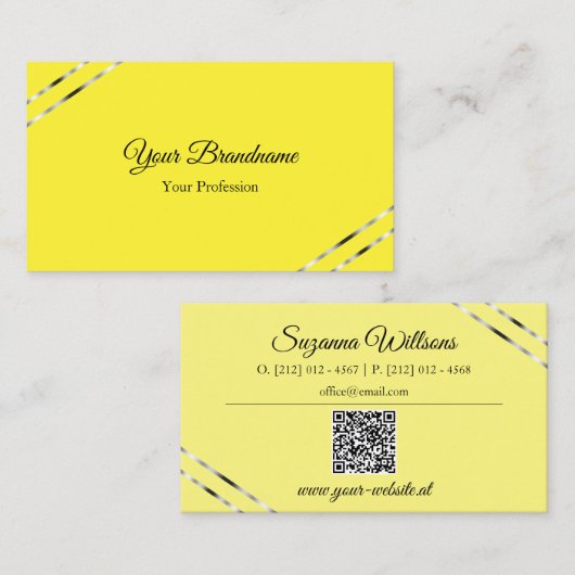 Carte De Visite Jaune et crème avec code QR de lignes argentées Él (Devant / Derrière)