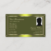 Carte De Visite Jaune Shimmer vert olive avec Monogramme et photo (Dos)