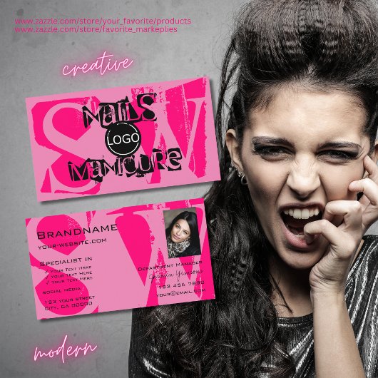 Carte De Visite Jeu de yeux rose noir avec logo photo Monogramme