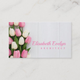 Carte De Visite Joli bouquet de tulipes sur fond de bois blanc