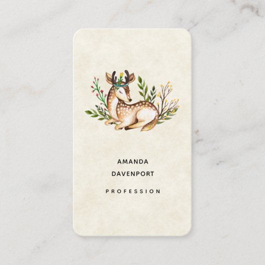 Carte De Visite Joli Cerf Aquarellé Posé En Bas Boho (Devant)