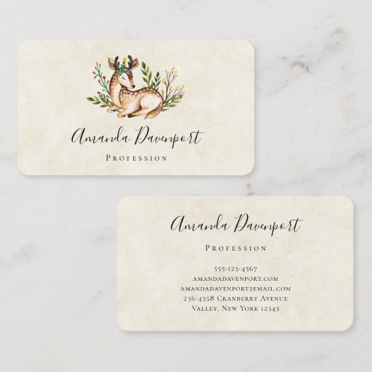 Carte De Visite Joli Cerf Aquarellé Posé En Bas Boho (Devant / Derrière)
