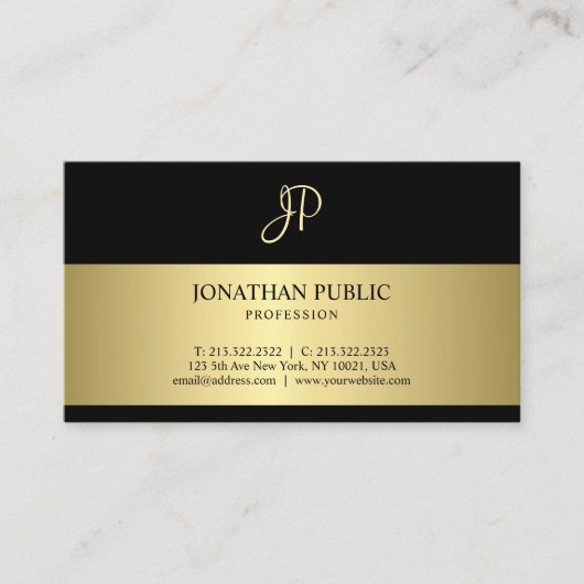 Carte De Visite Joli Monogramme Noir Et Or Plain Moderne (Devant)