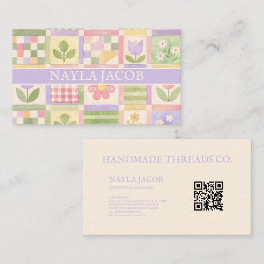 Carte De Visite Joli Patchwork Violet Vert Pastel Féminin (Devant / Derrière)