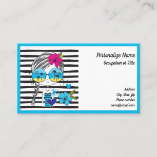Carte De Visite Joli Summer Girl Beach Palm Trees Blue Black Busin