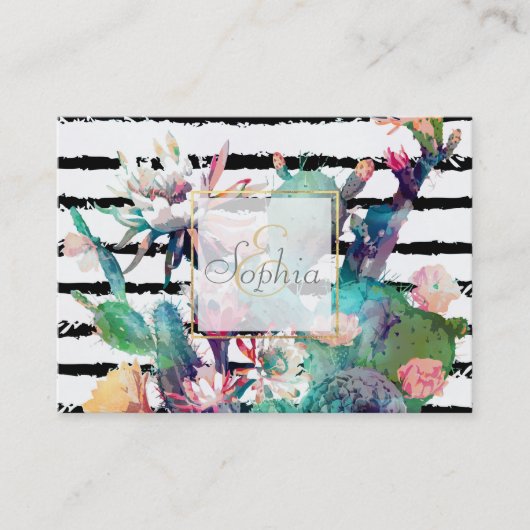 Carte De Visite Jolie aquarelle Cactus Floral Black Stripes (Devant)