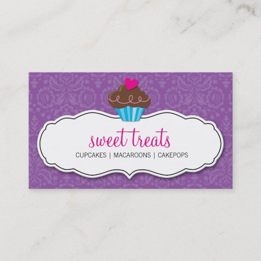 CARTE DE VISITE jolie damask cupcake violet rose (Devant)