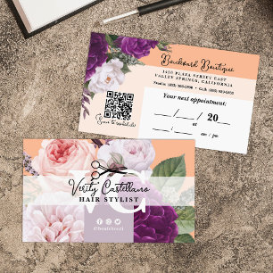 Carte De Visite Jolie Pêche Floral Hair Styliste Rendez-vous QR