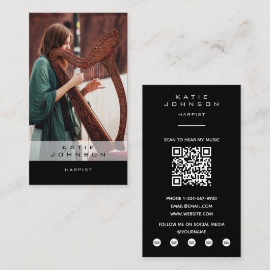 Carte De Visite Joueuse de harpe Professeure de musique Photo Code (Devant / Derrière)