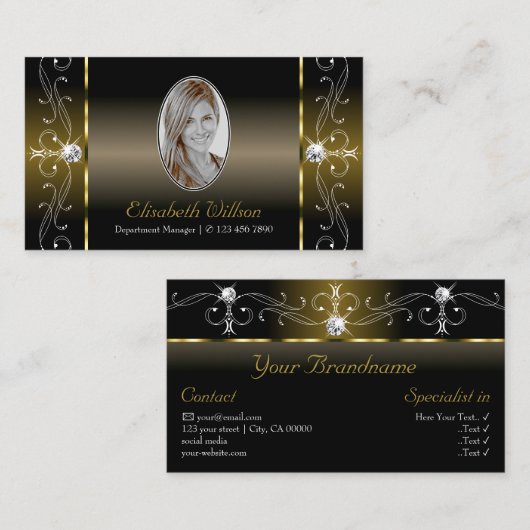 Carte De Visite Joyaux de luxe en noir et or broyés avec photo (Devant / Derrière)