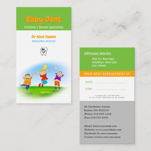 Carte De Visite Joyeux enfants et dent | Dentiste pédiatrique (Devant / Derrière)