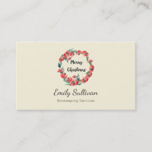 Carte De Visite Joyeux Noël Rouge Floral Aquarelle Wreath