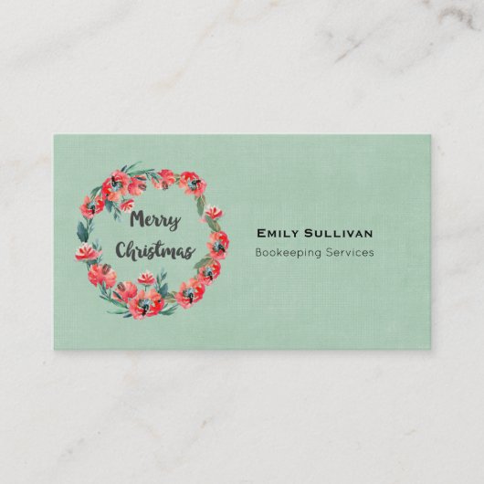 Carte De Visite Joyeux Noël Rouge Floral Aquarelle Wreath (Devant)