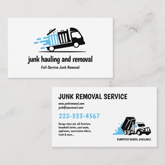 CARTE DE VISITE JUNK HAULING TRASH REMOVAL BLUE BLEU BLACK (Devant / Derrière)