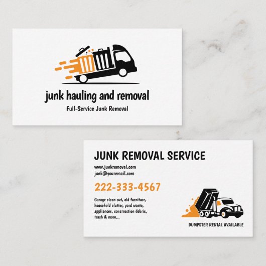 CARTE DE VISITE JUNK HAULING TRASH REMOVAL ORANGE NOIR (Devant / Derrière)