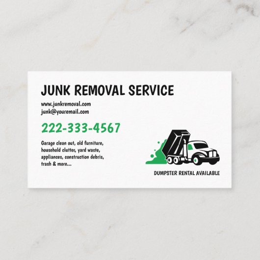 CARTE DE VISITE JUNK HAULING TRASH REMOVAL VERT NOIR (Dos)