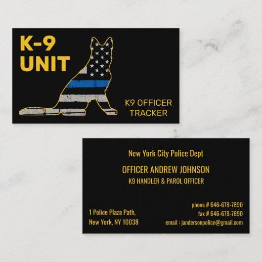 Carte De Visite K9 Unité Mince Ligne Bleue Police Police Chien (Devant / Derrière)