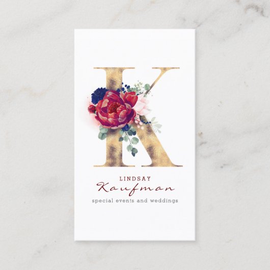 Carte De Visite K Monogram Burgundy Gold et Navy Blue Floral (Devant)