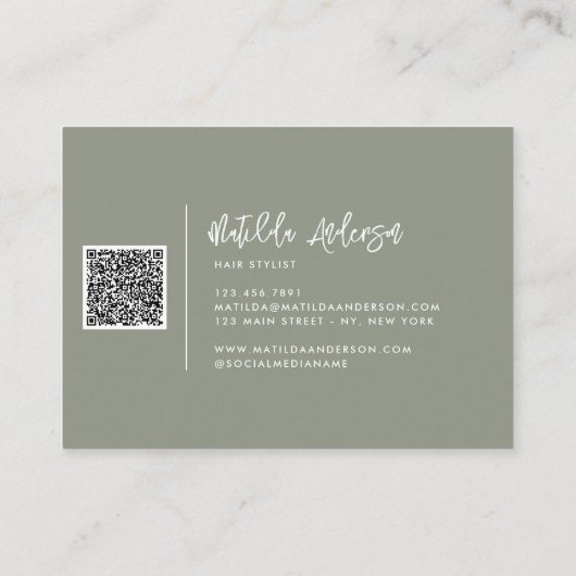 Carte De Visite Khaki vert moderne script minimal QR CODE (Dos)
