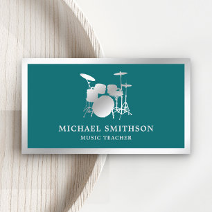 Carte De Visite Kit de batterie Teal Music Teacher Silver Foil Dru