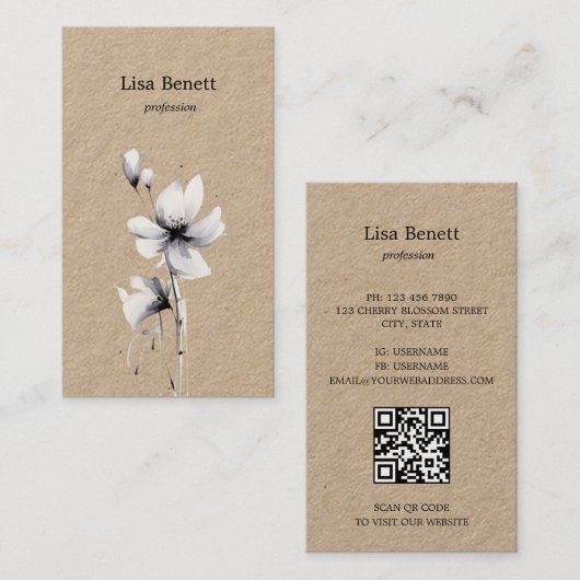 Carte De Visite Kraft noir et blanc à fleurs (Devant / Derrière)