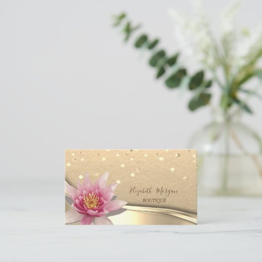 Carte De Visite Kraft Rustique, Confetti Or, Lotus Aquarelle (Debout devant)