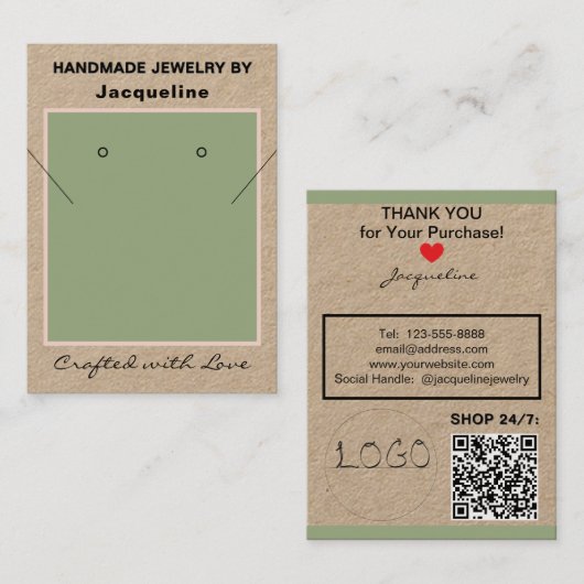 Carte De Visite Kraft Sage Necklace Earrings Logo Website QR Code (Devant / Derrière)