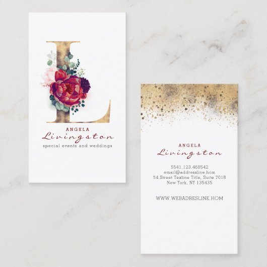 Carte De Visite L Monogramme Bourgogne Fleurs et Parties scintilla (Devant / Derrière)