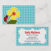 Carte De Visite La coccinelle et la fleur sur En vichy bleu-vert (Devant / Derrière)