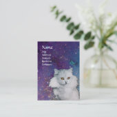 Carte De Visite LA REINE DES CHATS BLANCS, papier de perle bleu MO (Debout devant)