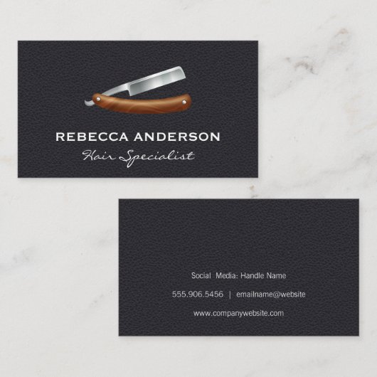 Carte De Visite Lame de barbier | Arrière - plan en cuir (Devant / Derrière)