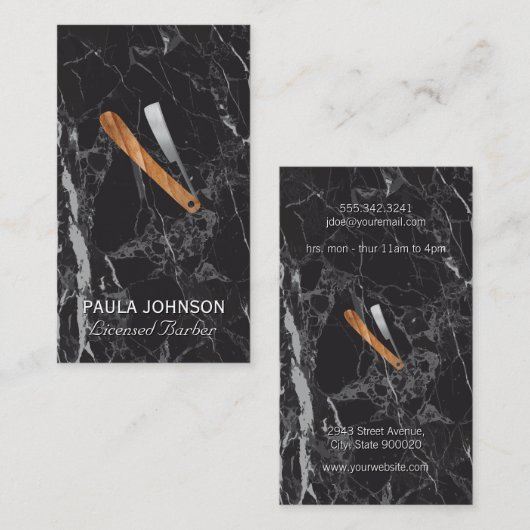 Carte De Visite Lame de barbier | Marbre noir (Devant / Derrière)