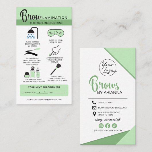Carte De Visite Lamination des sourcils Instructions de soins post (Devant / Derrière)