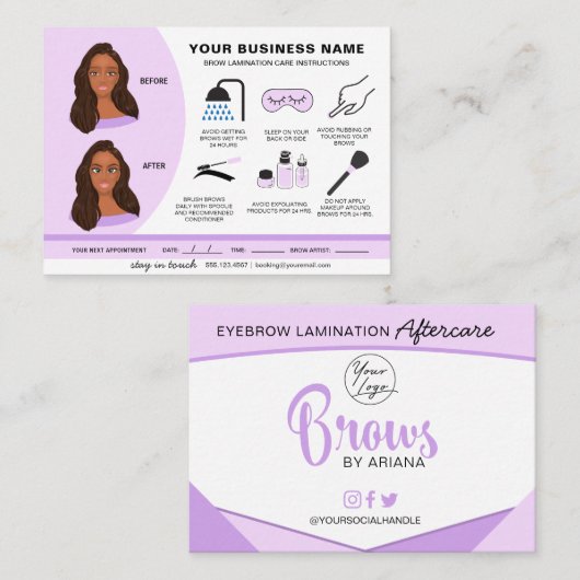 Carte De Visite Lamination des sourcils Instructions de soins post (Devant / Derrière)