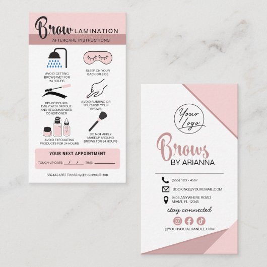 Carte De Visite Lamination des sourcils Instructions de soins post (Devant / Derrière)