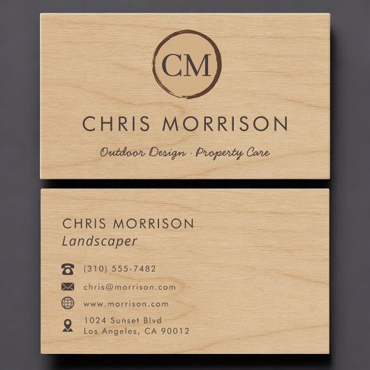 Carte De Visite Landscaper Rustic Wood Monogram Professional