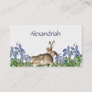 Carte De Visite Lapin Floral Bleu Élégant Aquarelle Mignon