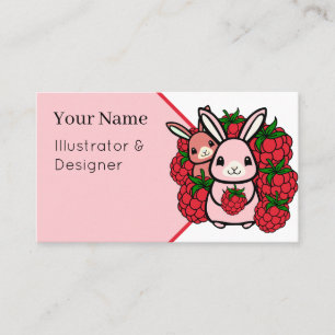 Carte De Visite Lapins Kawaii et Framboises Rouges - Douceur Fruit